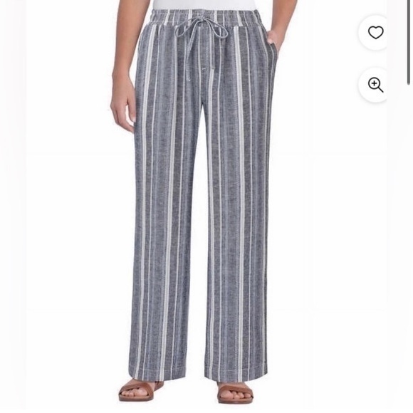 Briggs Pants - BRIGGS Linen Blend Pull-On Striped Wide Leg Pants Small Blue/White Pockets